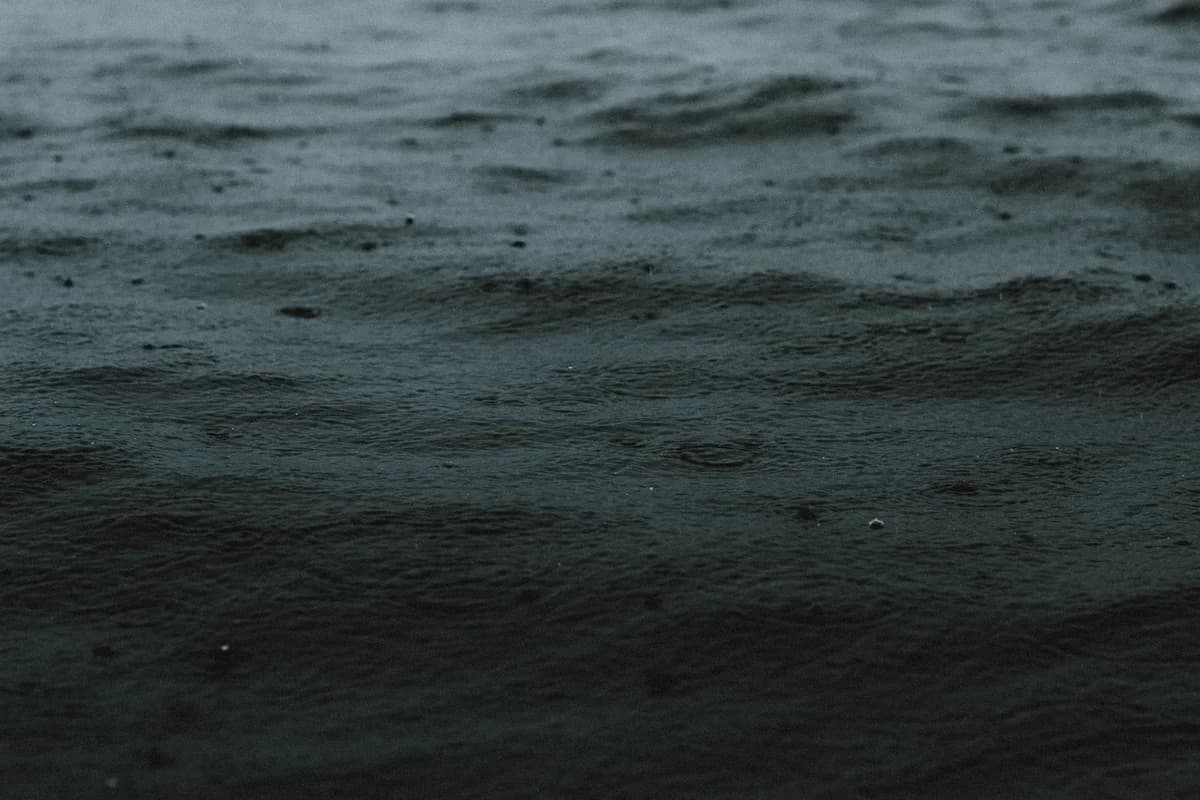 Dark rippled water surface and circles from water drops dripping on rainy day