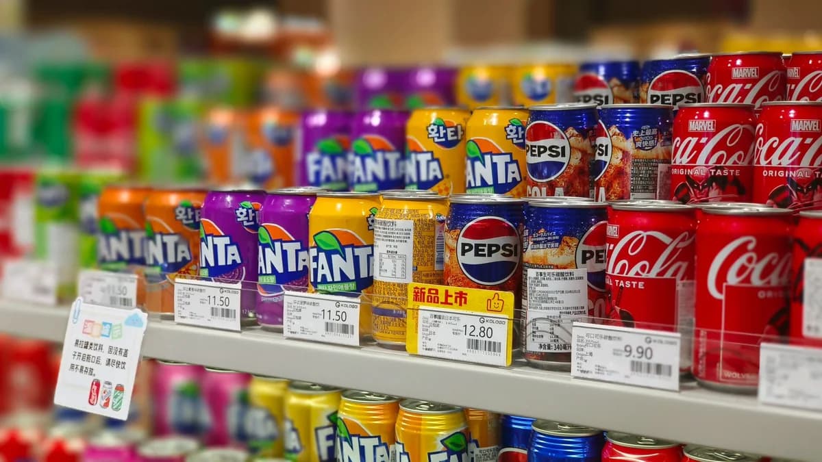 Price tags hanging on store shelf products close up