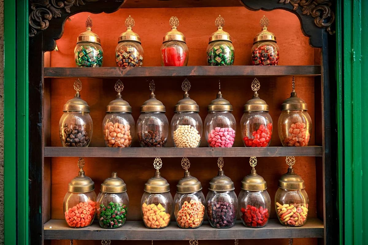 Aesthetic arrangement of vibrant spice jars on an ornate wooden shelf.