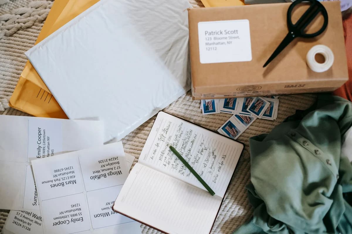 Top view arrangement of opened notebook placed near carton parcel near postage stamps envelops and address labels
